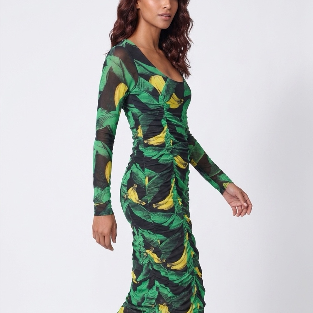 Ganni Black Dress with Green & Yellow Leaf Print in Black — Ruched Long Sleeve